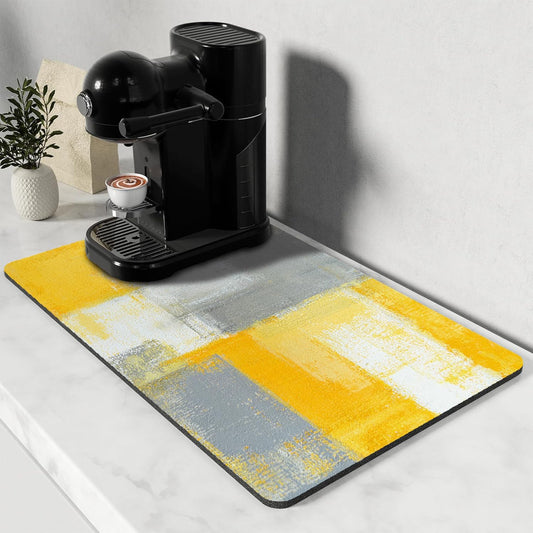 Dish Drying Mat for Kitchen Counter, Yellow and Grey White Abstract Art, Absorbent Quick Dry Pad with Rubber Backing, Dish Rack Pad for Dishes, Utensils, Countertops, Sinks 12" x 20