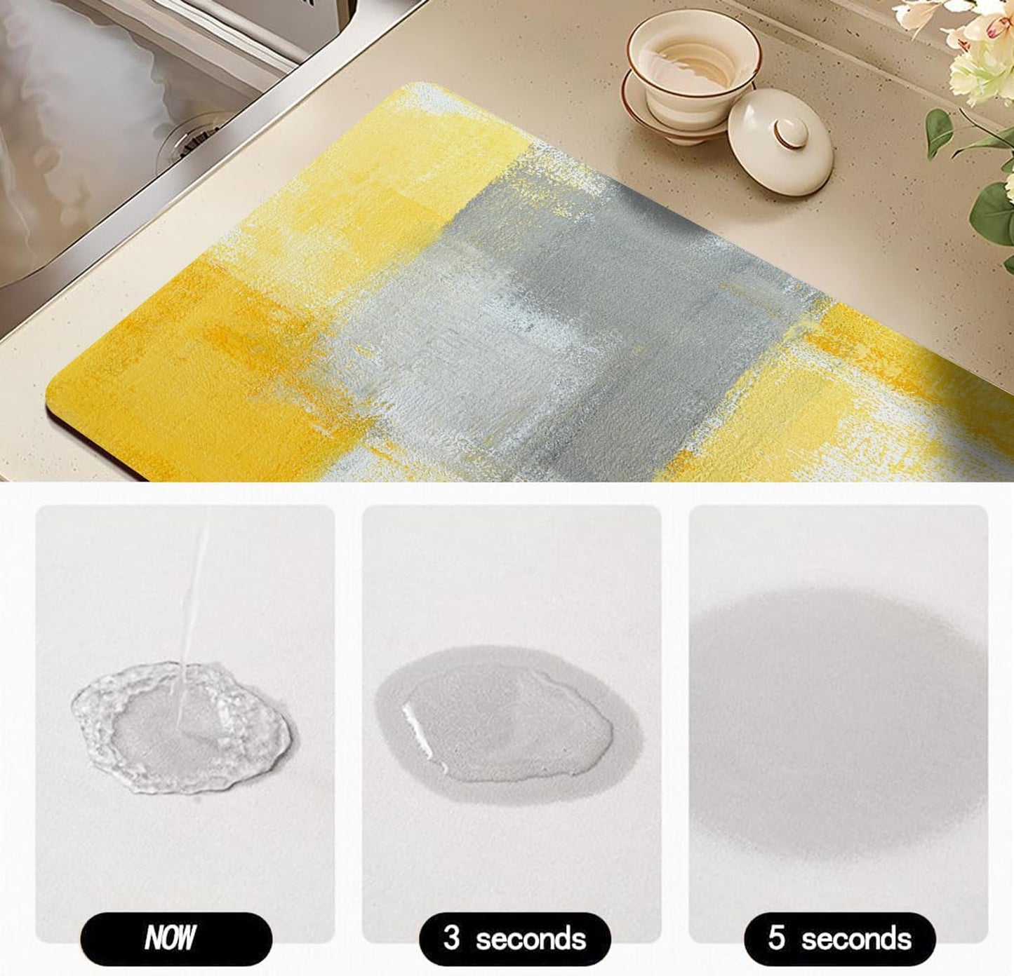 Dish Drying Mat for Kitchen Counter, Yellow and Grey White Abstract Art, Absorbent Quick Dry Pad with Rubber Backing, Dish Rack Pad for Dishes, Utensils, Countertops, Sinks 12" x 20