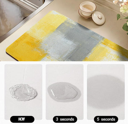 Dish Drying Mat for Kitchen Counter, Yellow and Grey White Abstract Art, Absorbent Quick Dry Pad with Rubber Backing, Dish Rack Pad for Dishes, Utensils, Countertops, Sinks 12" x 20