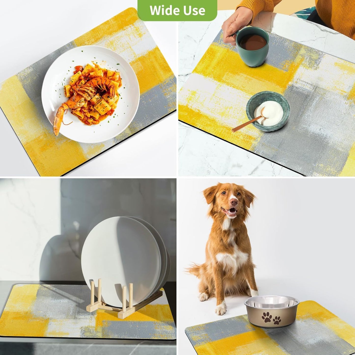 Dish Drying Mat for Kitchen Counter, Yellow and Grey White Abstract Art, Absorbent Quick Dry Pad with Rubber Backing, Dish Rack Pad for Dishes, Utensils, Countertops, Sinks 12" x 20