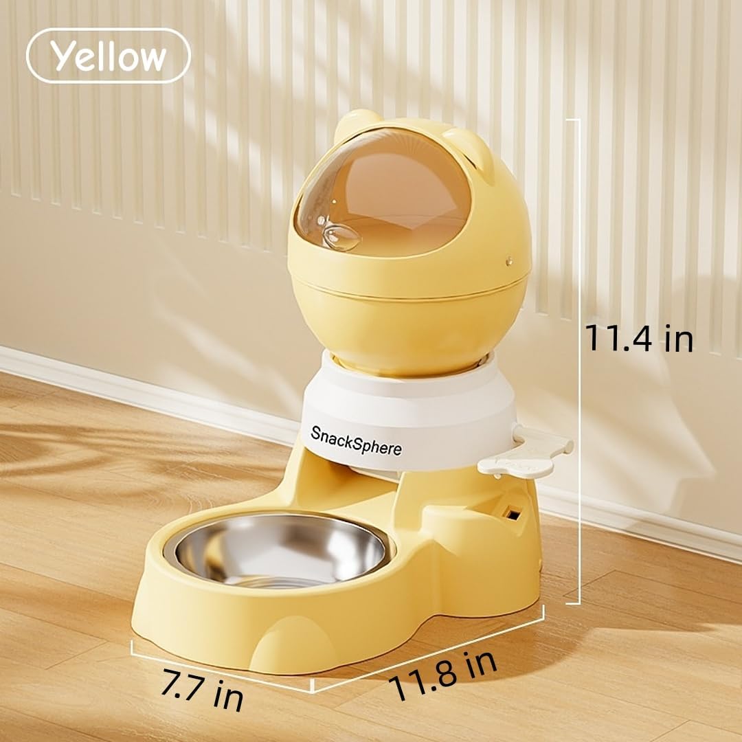 Automatic Food Dispenser Gravity Feeder & Push Button Pet Feeder, Treat Dispenser with Button for Slow Feeder, 1.5L Capacity, Two Ways to Use (Yellow)