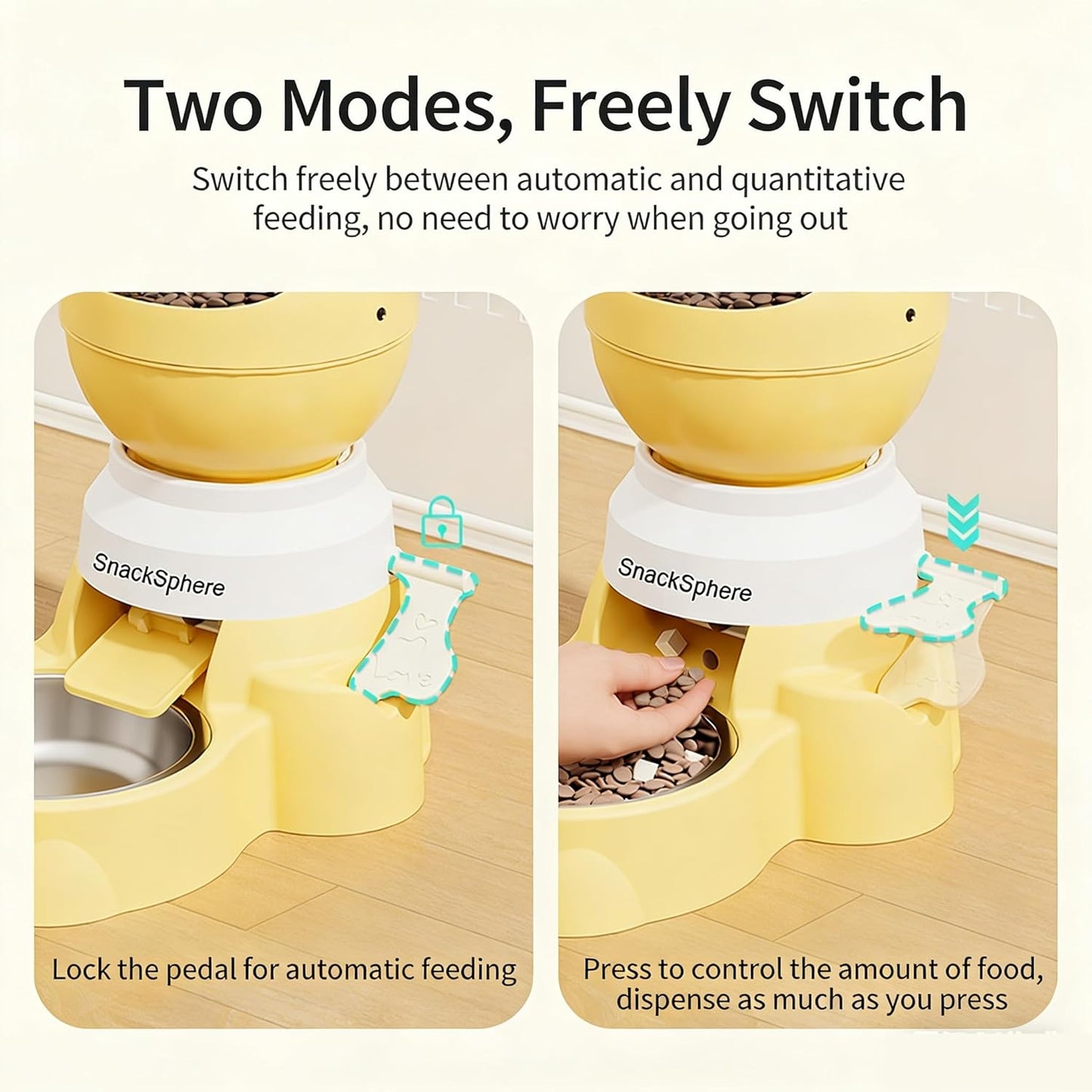 Automatic Food Dispenser Gravity Feeder & Push Button Pet Feeder, Treat Dispenser with Button for Slow Feeder, 1.5L Capacity, Two Ways to Use (Yellow)