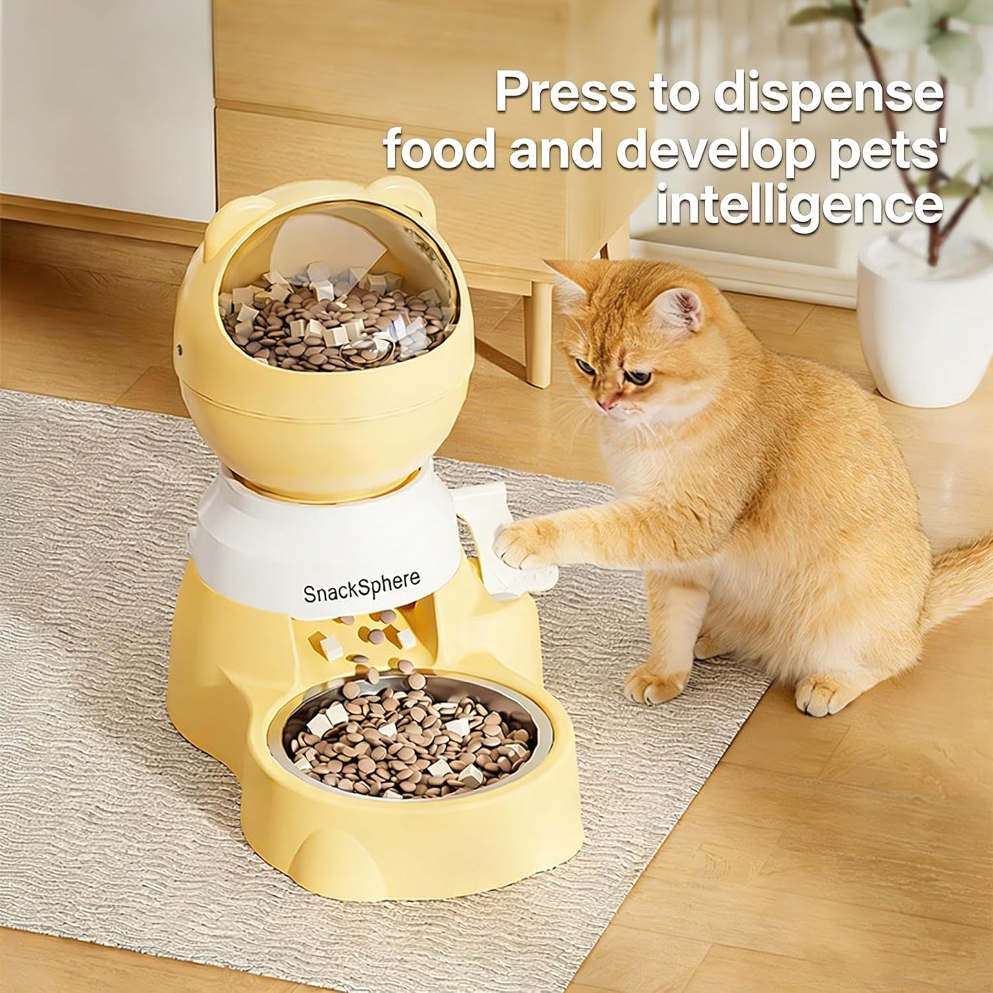 Automatic Food Dispenser Gravity Feeder & Push Button Pet Feeder, Treat Dispenser with Button for Slow Feeder, 1.5L Capacity, Two Ways to Use (Yellow)