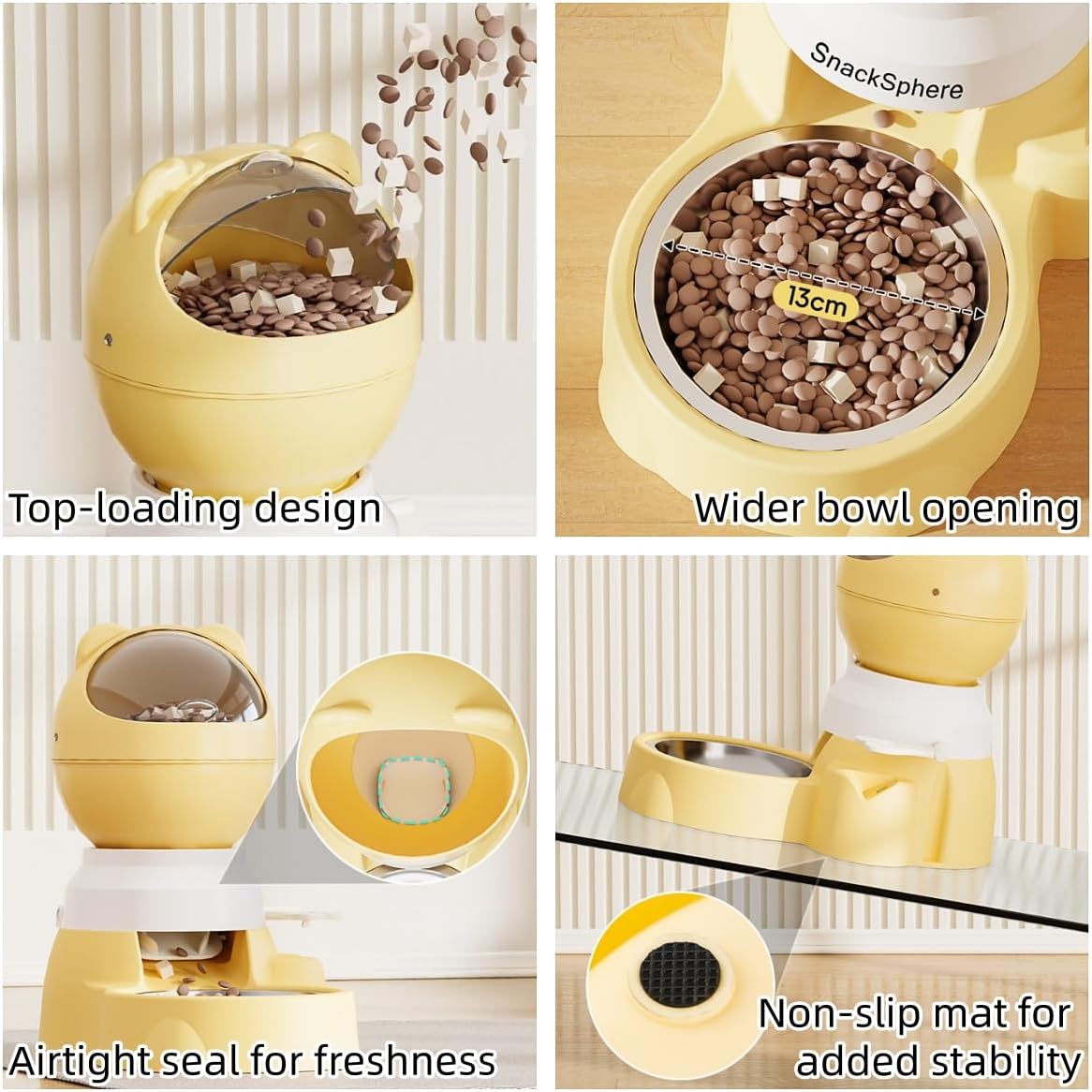 Automatic Food Dispenser Gravity Feeder & Push Button Pet Feeder, Treat Dispenser with Button for Slow Feeder, 1.5L Capacity, Two Ways to Use (Yellow)
