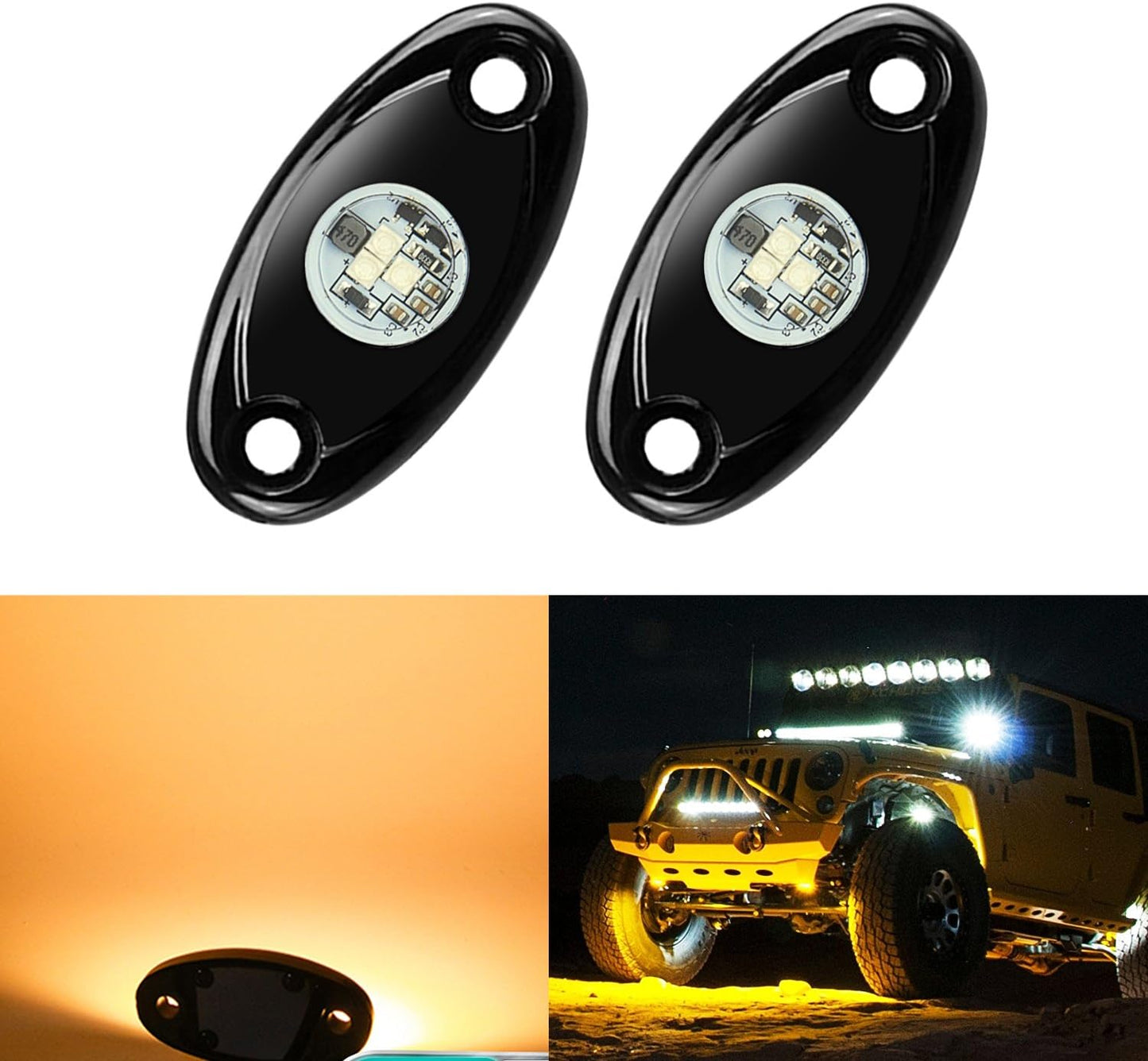2 Pods LED Rock Lights, Waterproof LED Neon Underglow Light for Car Truck ATV UTV SUV Offroad Boat Underbody Glow Trail Rig Lamp (Yellow)