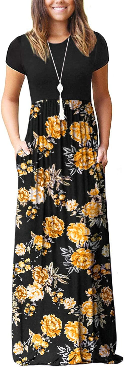 Maxi Dress for Women Short Sleeve Casual Summer Loose Plain Comfy Long Dresses with Pockets