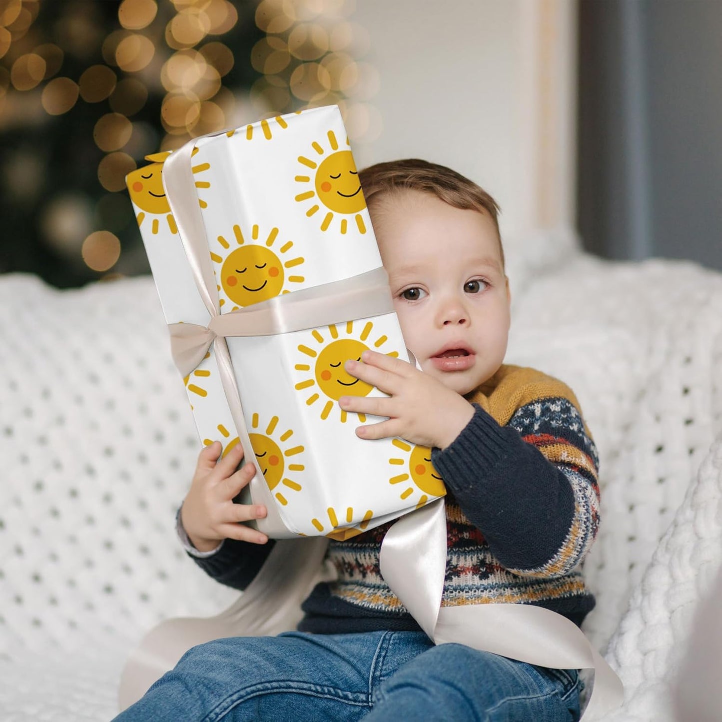 Smiley Sun Wrapping Paper for Kids Adults - Bright Yellow Gift Wrap With the Sun Smile for Birthdays, Baby Showers, and All Occasions - 28x40 Inches, 4 Sheets