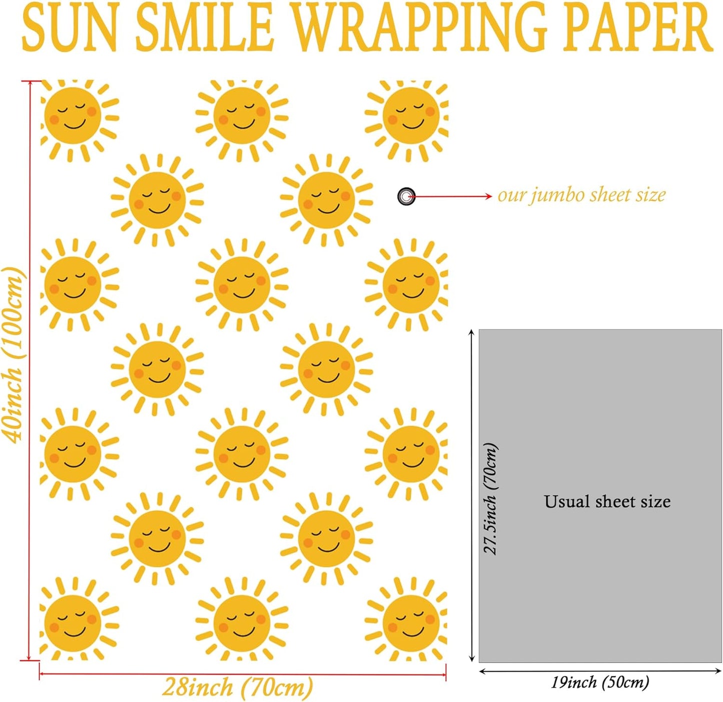 Smiley Sun Wrapping Paper for Kids Adults - Bright Yellow Gift Wrap With the Sun Smile for Birthdays, Baby Showers, and All Occasions - 28x40 Inches, 4 Sheets