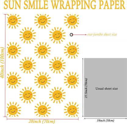 Smiley Sun Wrapping Paper for Kids Adults - Bright Yellow Gift Wrap With the Sun Smile for Birthdays, Baby Showers, and All Occasions - 28x40 Inches, 4 Sheets