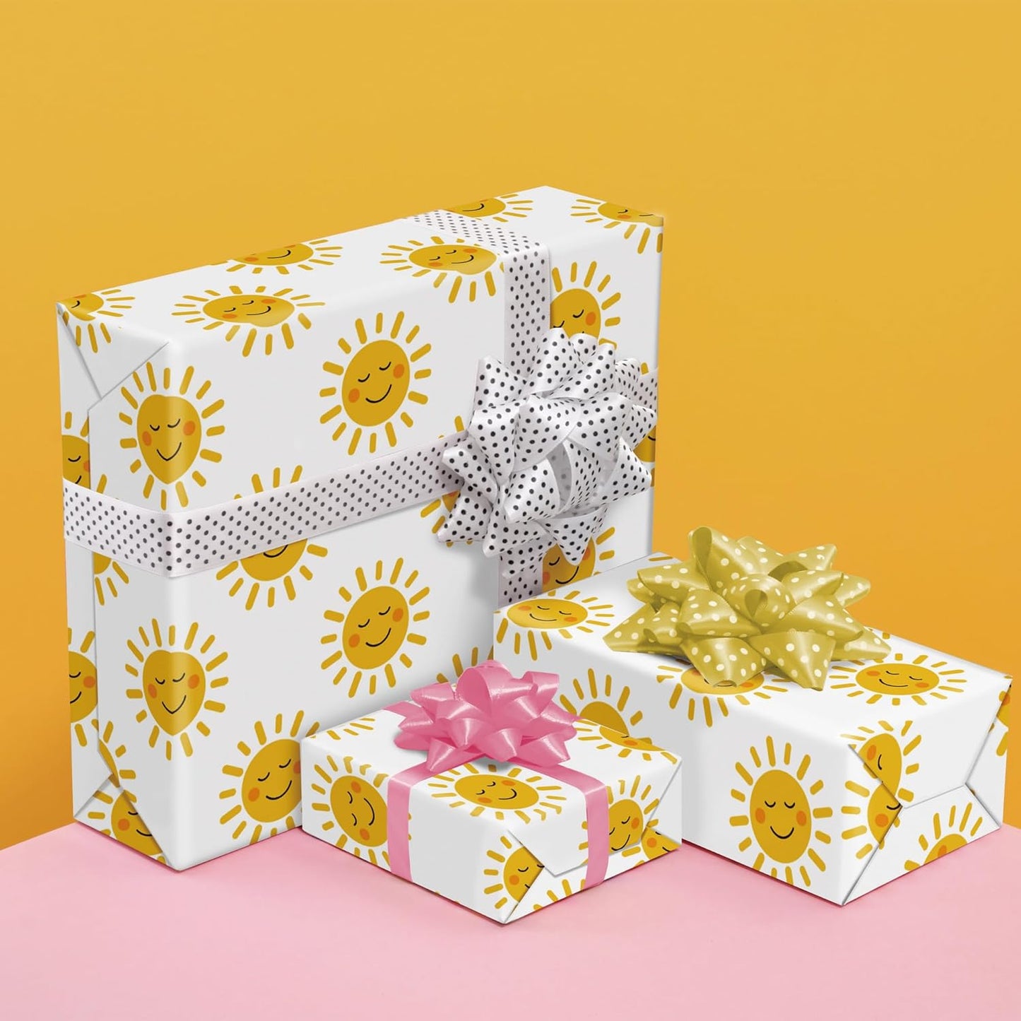 Smiley Sun Wrapping Paper for Kids Adults - Bright Yellow Gift Wrap With the Sun Smile for Birthdays, Baby Showers, and All Occasions - 28x40 Inches, 4 Sheets