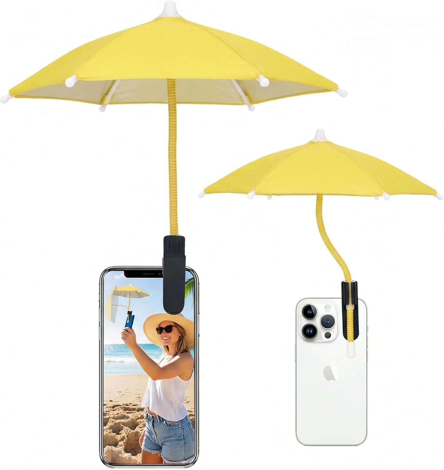 Mini Clip-on Phone Umbrella for Sun Flexible Adjustable Handle, Cell Phone Umbrellas Sun Shade Protects from Sunlight and Glare, Universal Fit for All Smartphones,Yellow