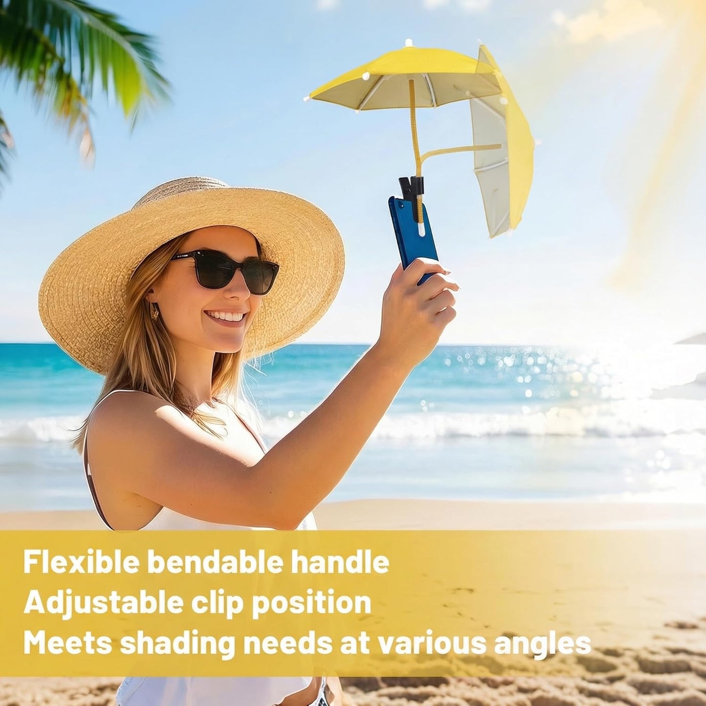 Mini Clip-on Phone Umbrella for Sun Flexible Adjustable Handle, Cell Phone Umbrellas Sun Shade Protects from Sunlight and Glare, Universal Fit for All Smartphones,Yellow
