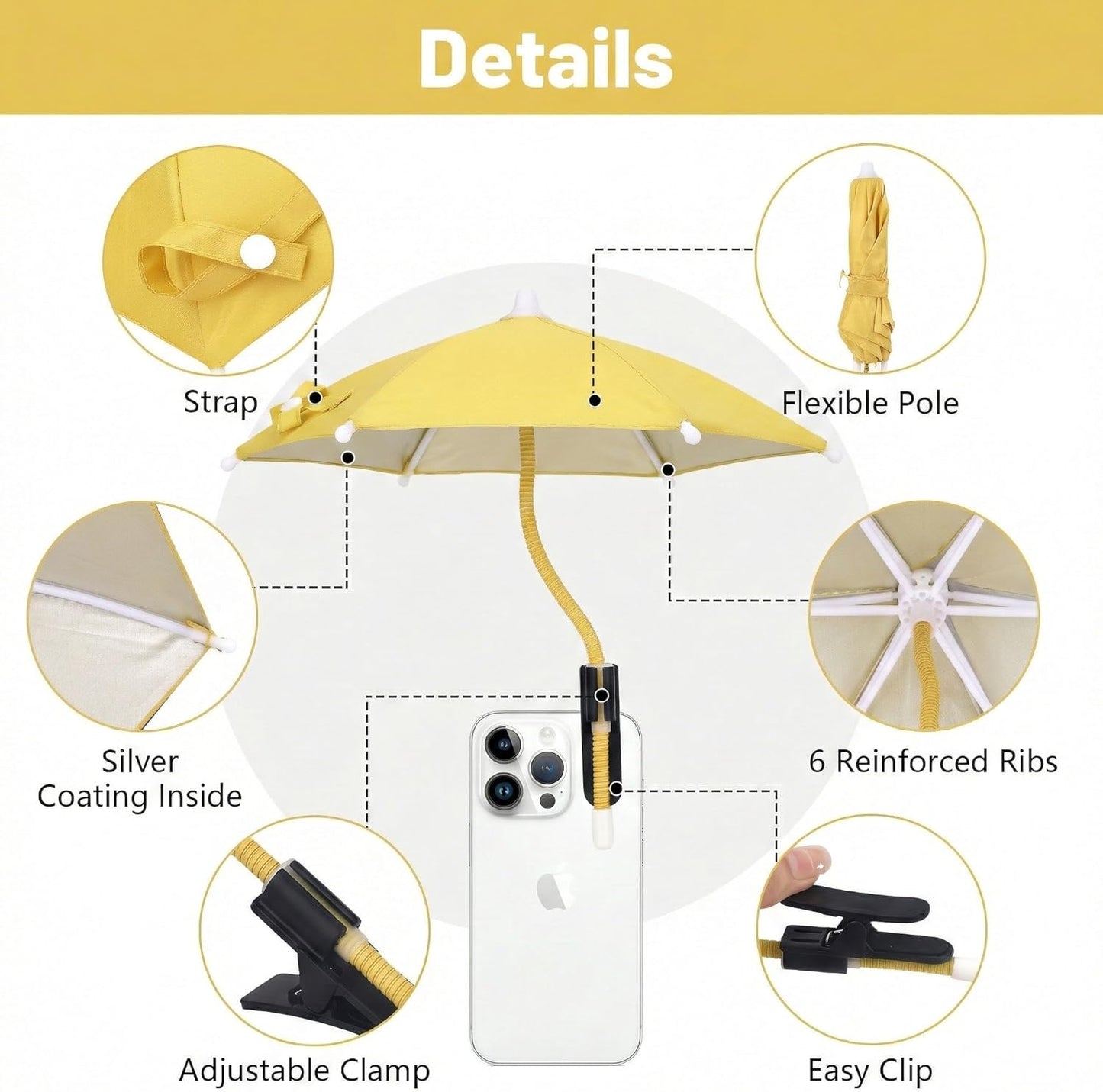 Mini Clip-on Phone Umbrella for Sun Flexible Adjustable Handle, Cell Phone Umbrellas Sun Shade Protects from Sunlight and Glare, Universal Fit for All Smartphones,Yellow