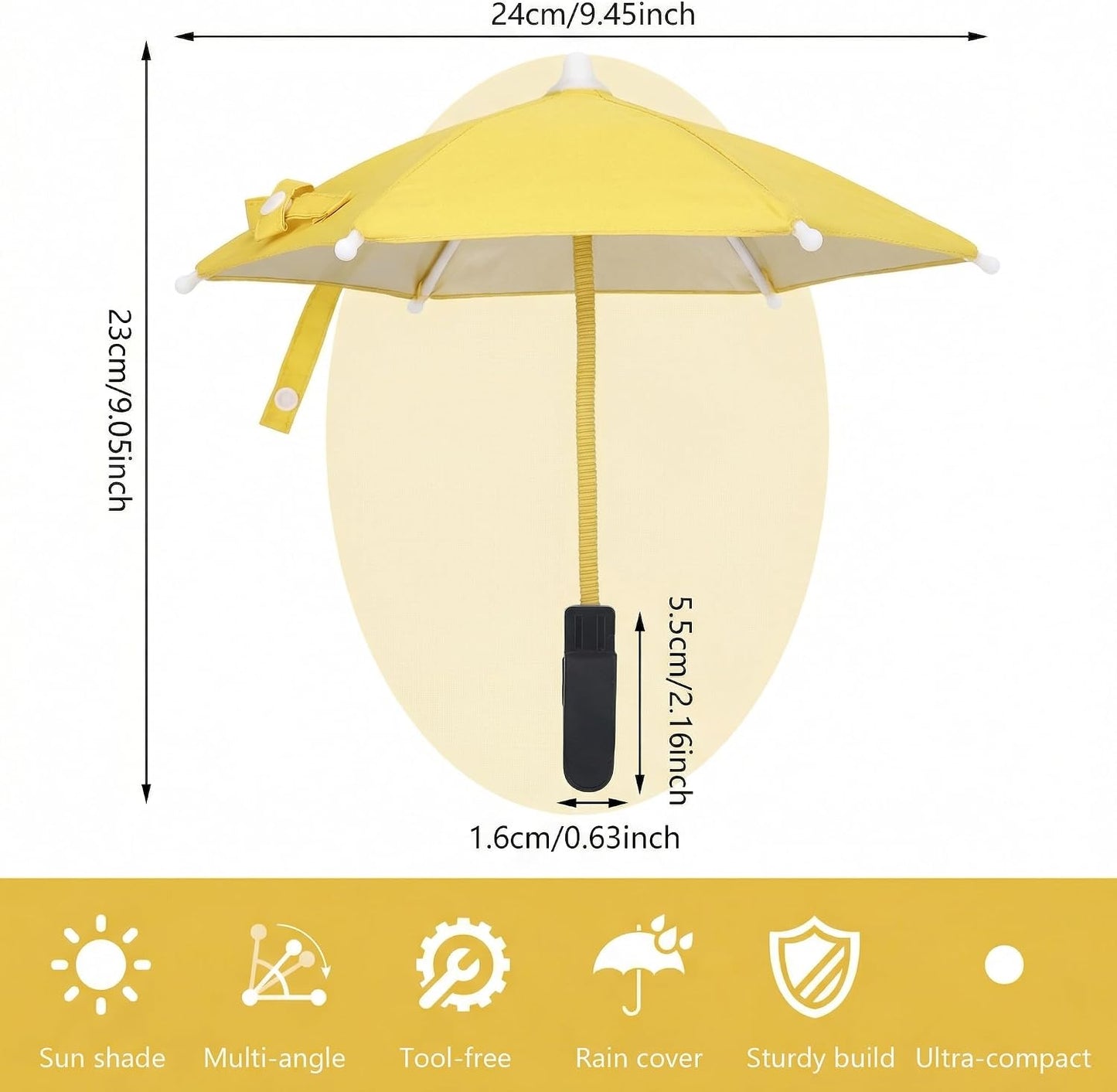 Mini Clip-on Phone Umbrella for Sun Flexible Adjustable Handle, Cell Phone Umbrellas Sun Shade Protects from Sunlight and Glare, Universal Fit for All Smartphones,Yellow