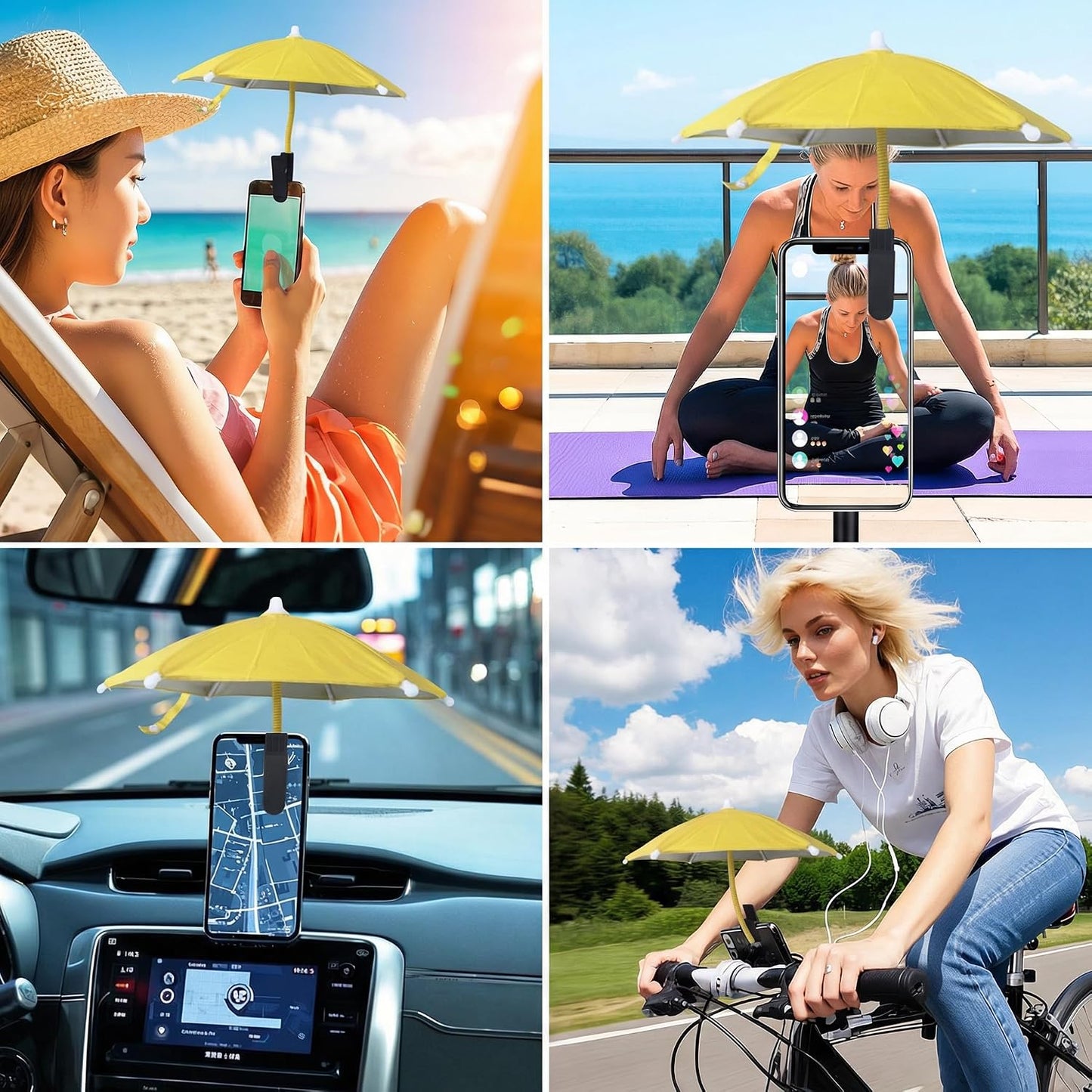 Mini Clip-on Phone Umbrella for Sun Flexible Adjustable Handle, Cell Phone Umbrellas Sun Shade Protects from Sunlight and Glare, Universal Fit for All Smartphones,Yellow