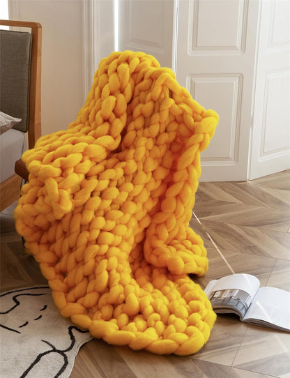 Chunky Knit Blanket Throw Soft Fluffy Chunky Yarn Knot Blanket Merino Wool Throw Blanket Handmade Cozy Big Cable Knit Throw Blanket Boho Bedroom Decor for Couch Bed,Yellow,60x60cm/23x23in