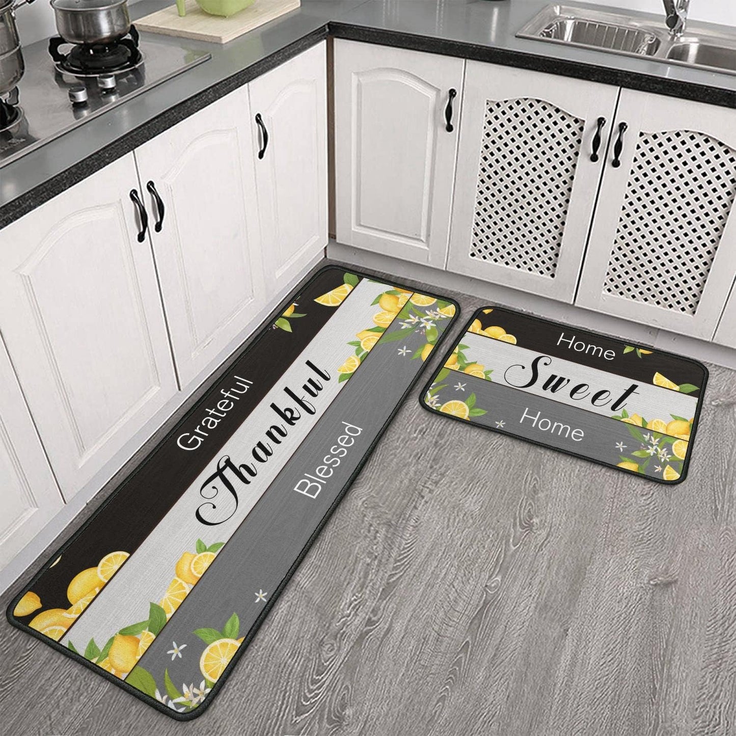 2 Piece Lemon Kitchen Decor Rug Set, Home Kitchen Sink Rugs and Mats Non Skid Washable Absorbent Microfiber Kitchen Floor Carpet 17" x 47"+17" x 30"