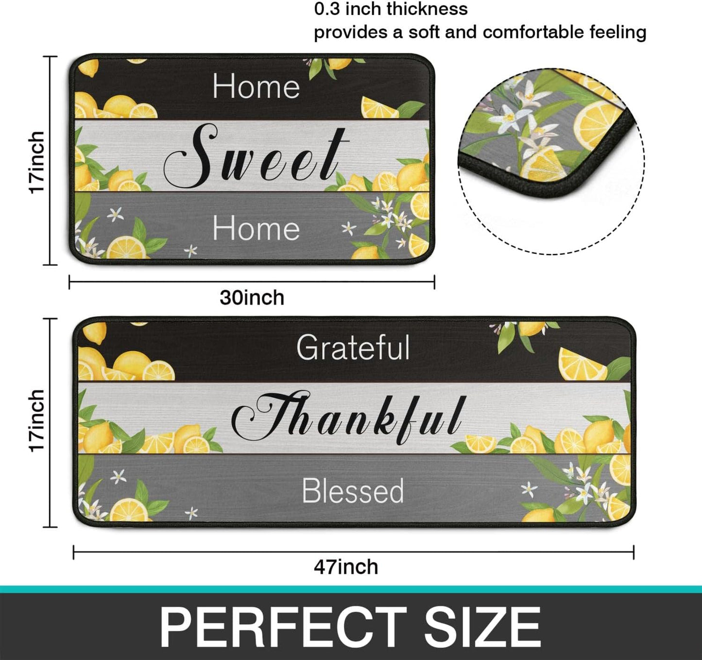 2 Piece Lemon Kitchen Decor Rug Set, Home Kitchen Sink Rugs and Mats Non Skid Washable Absorbent Microfiber Kitchen Floor Carpet 17" x 47"+17" x 30"