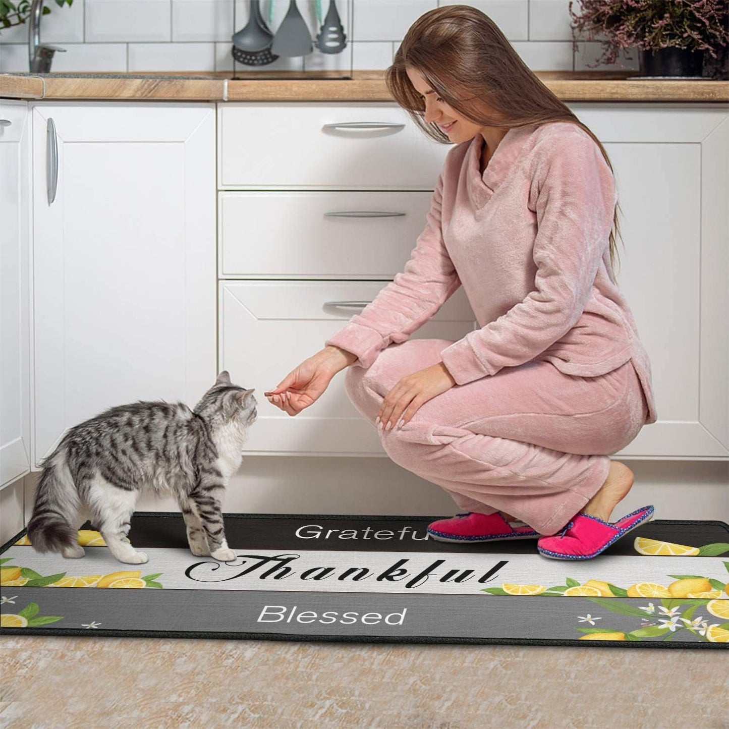 2 Piece Lemon Kitchen Decor Rug Set, Home Kitchen Sink Rugs and Mats Non Skid Washable Absorbent Microfiber Kitchen Floor Carpet 17" x 47"+17" x 30"
