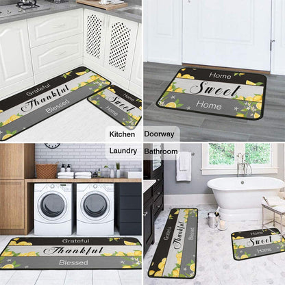 2 Piece Lemon Kitchen Decor Rug Set, Home Kitchen Sink Rugs and Mats Non Skid Washable Absorbent Microfiber Kitchen Floor Carpet 17" x 47"+17" x 30"