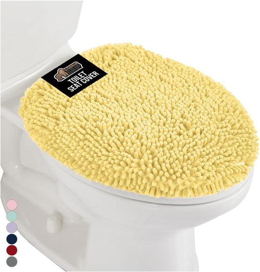 Soft Chenille Bathroom Toilet Lid Cover, Machine Washable Seat Covers, 19.5x18.5, Stays in Place Rubber Backing, Fits Most Round, Elongated and Oblong Lids, Accessories Decor, Yellow
