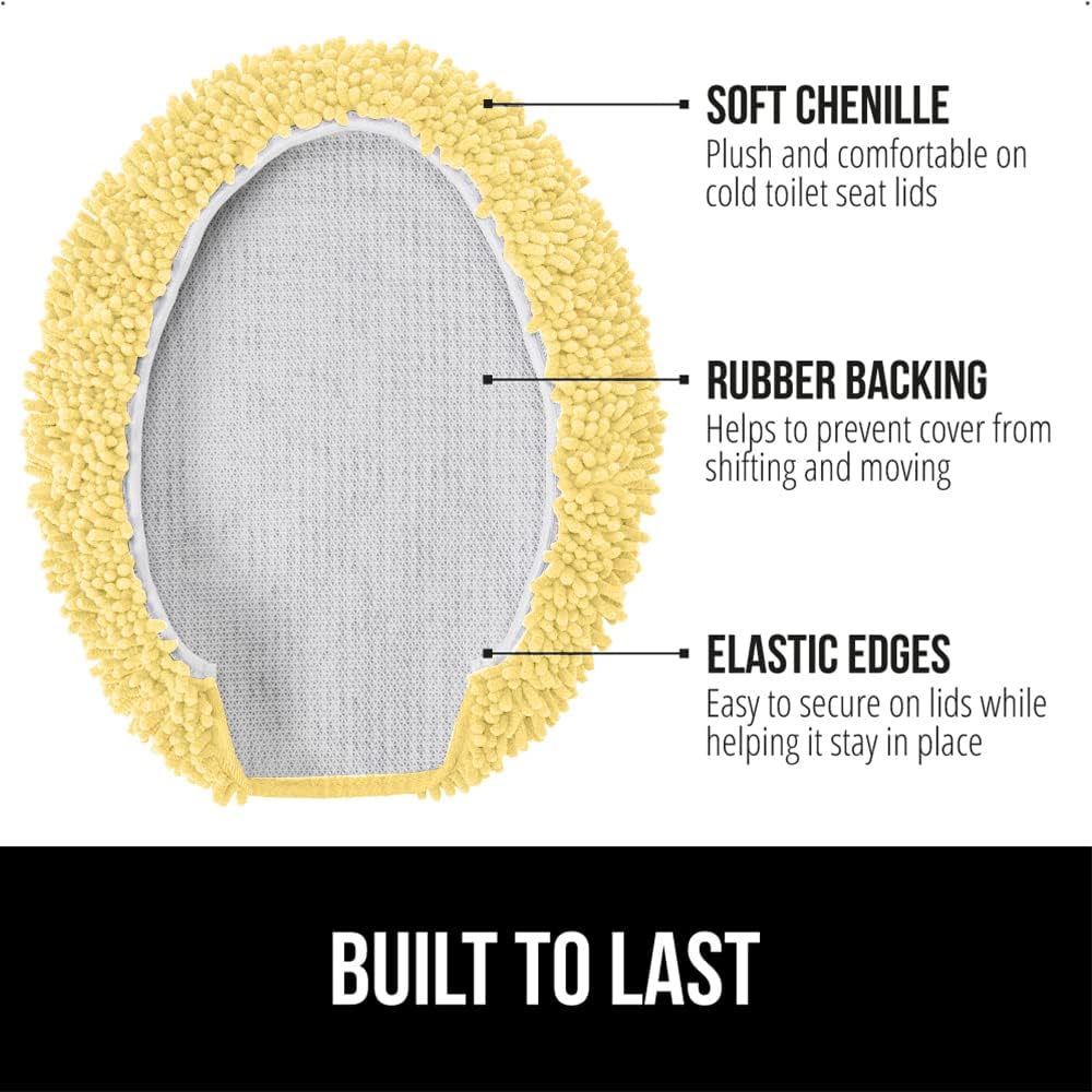Soft Chenille Bathroom Toilet Lid Cover, Machine Washable Seat Covers, 19.5x18.5, Stays in Place Rubber Backing, Fits Most Round, Elongated and Oblong Lids, Accessories Decor, Yellow