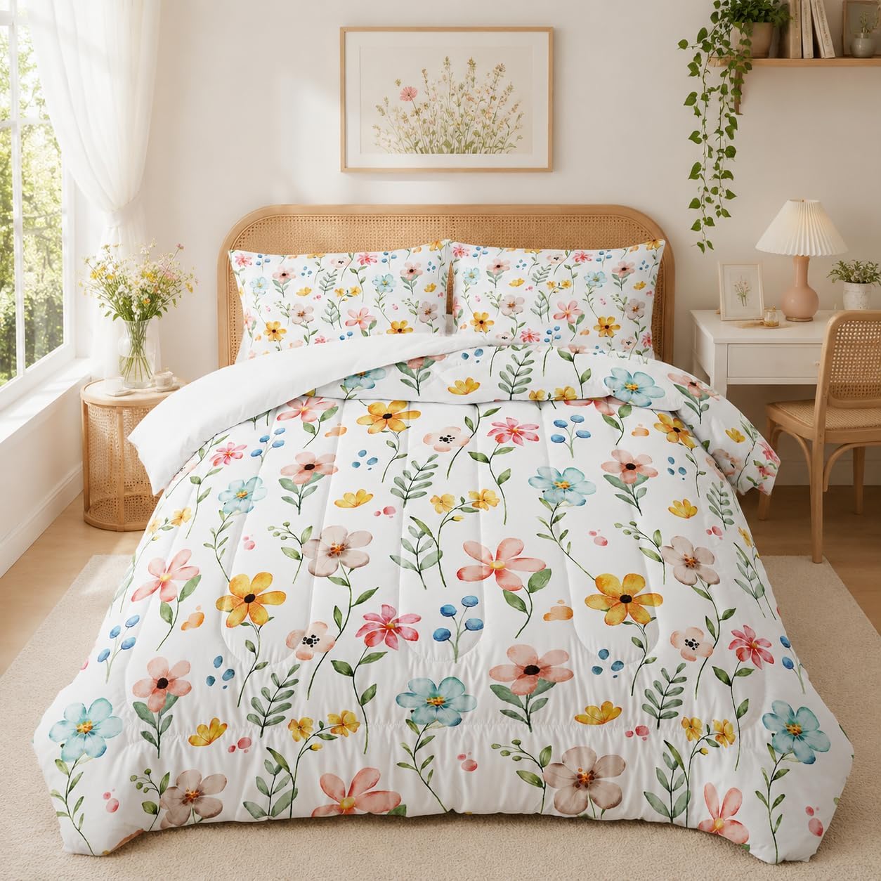 Pink Yellow Floral Comforter Bedding Set Twin Size Flower Pattern Bedding Set for Your Room,Rectangle Abstract Soft Lightweight Quilt Set All Season 1 Comforter and 2 Pillowcases