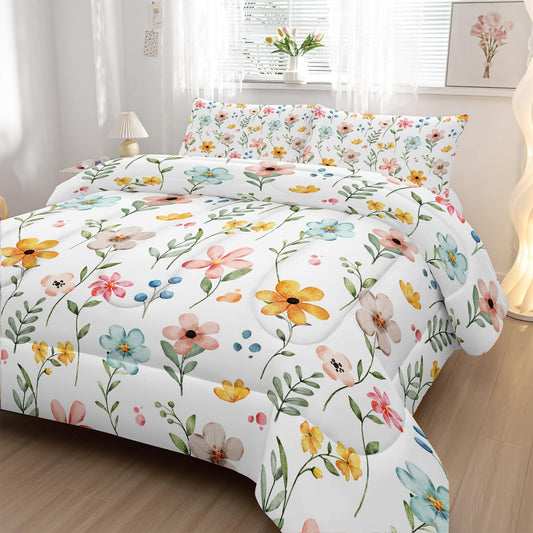 Pink Yellow Floral Comforter Bedding Set Twin Size Flower Pattern Bedding Set for Your Room,Rectangle Abstract Soft Lightweight Quilt Set All Season 1 Comforter and 2 Pillowcases