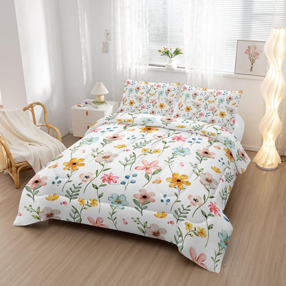 Pink Yellow Floral Comforter Bedding Set Twin Size Flower Pattern Bedding Set for Your Room,Rectangle Abstract Soft Lightweight Quilt Set All Season 1 Comforter and 2 Pillowcases