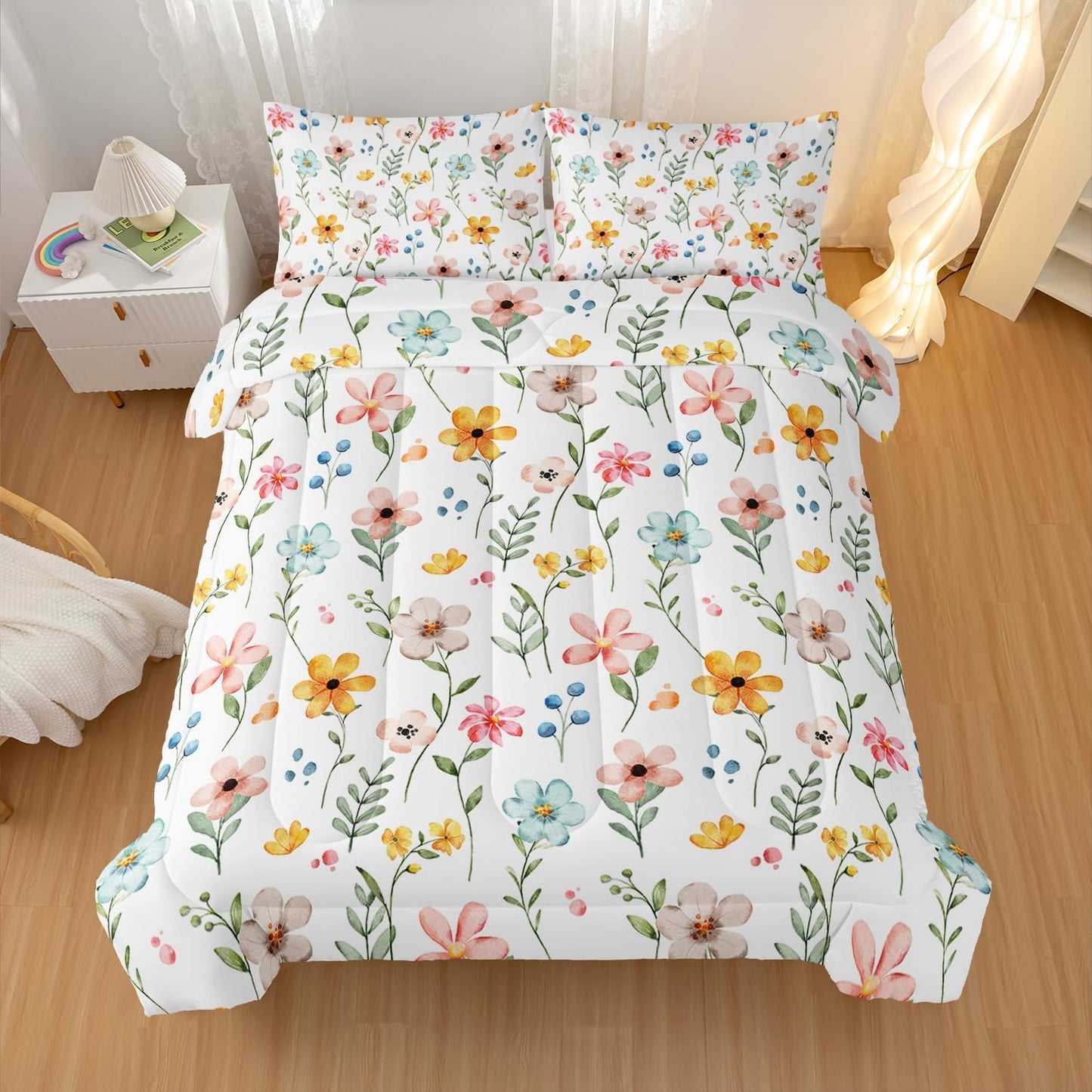 Pink Yellow Floral Comforter Bedding Set Twin Size Flower Pattern Bedding Set for Your Room,Rectangle Abstract Soft Lightweight Quilt Set All Season 1 Comforter and 2 Pillowcases