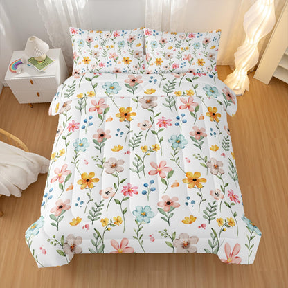 Pink Yellow Floral Comforter Bedding Set Twin Size Flower Pattern Bedding Set for Your Room,Rectangle Abstract Soft Lightweight Quilt Set All Season 1 Comforter and 2 Pillowcases