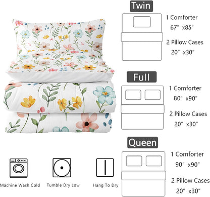 Pink Yellow Floral Comforter Bedding Set Twin Size Flower Pattern Bedding Set for Your Room,Rectangle Abstract Soft Lightweight Quilt Set All Season 1 Comforter and 2 Pillowcases