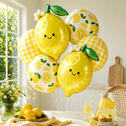 Lemon Balloon Bouquet Set, 6Pcs Unique Yellow Lemon Foil Balloons Kit | Cute Smile Face, Lemon Pattern & Plaid Round Balloons for Summer Her Main Squeeze Bridal Shower Birthday Party Decorations