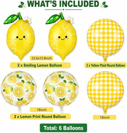Lemon Balloon Bouquet Set, 6Pcs Unique Yellow Lemon Foil Balloons Kit | Cute Smile Face, Lemon Pattern & Plaid Round Balloons for Summer Her Main Squeeze Bridal Shower Birthday Party Decorations