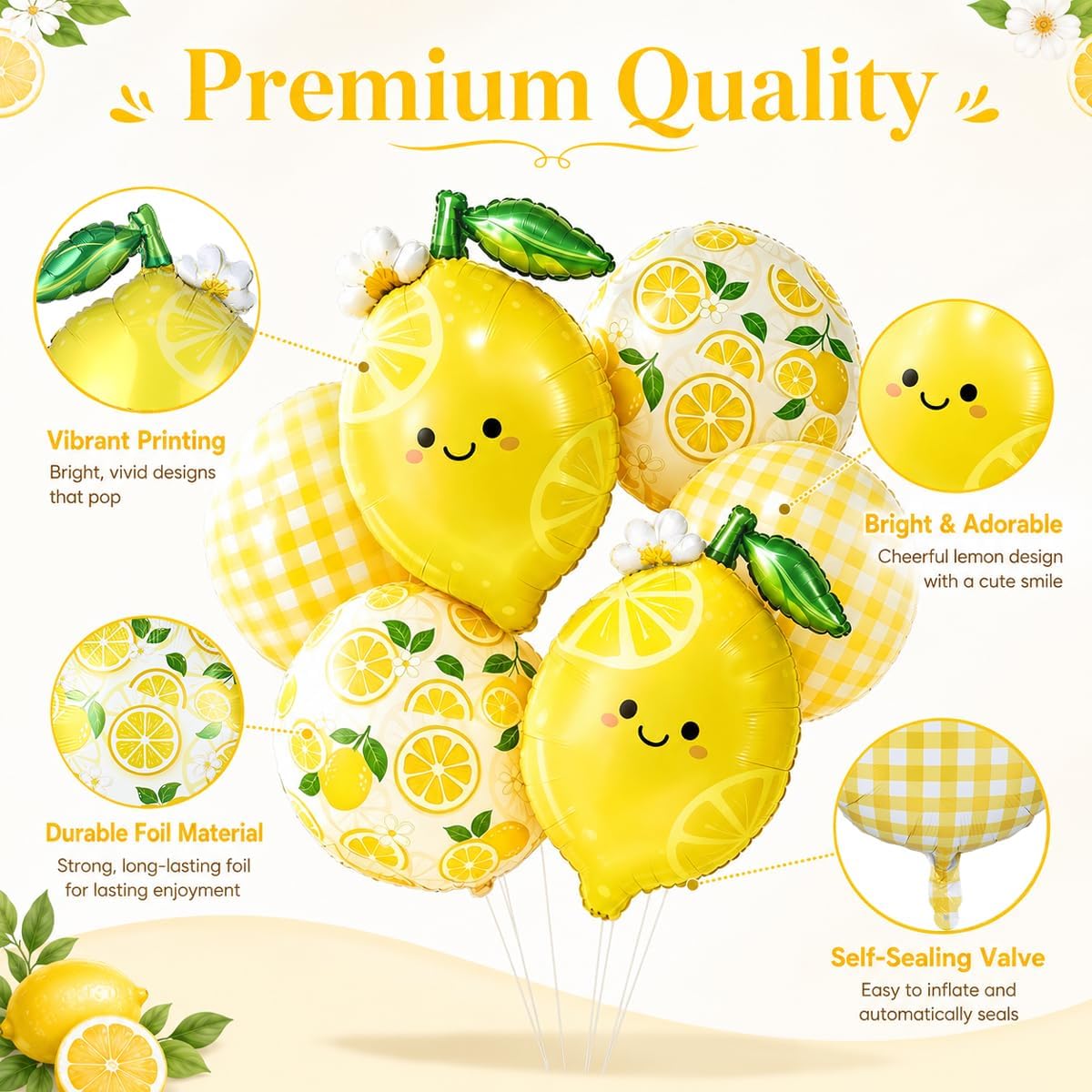 Lemon Balloon Bouquet Set, 6Pcs Unique Yellow Lemon Foil Balloons Kit | Cute Smile Face, Lemon Pattern & Plaid Round Balloons for Summer Her Main Squeeze Bridal Shower Birthday Party Decorations