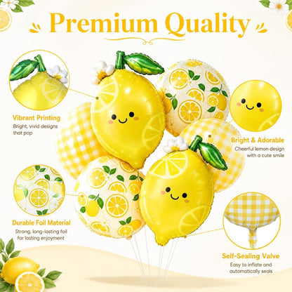 Lemon Balloon Bouquet Set, 6Pcs Unique Yellow Lemon Foil Balloons Kit | Cute Smile Face, Lemon Pattern & Plaid Round Balloons for Summer Her Main Squeeze Bridal Shower Birthday Party Decorations