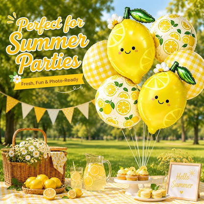Lemon Balloon Bouquet Set, 6Pcs Unique Yellow Lemon Foil Balloons Kit | Cute Smile Face, Lemon Pattern & Plaid Round Balloons for Summer Her Main Squeeze Bridal Shower Birthday Party Decorations