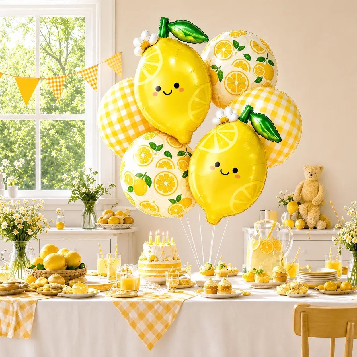 Lemon Balloon Bouquet Set, 6Pcs Unique Yellow Lemon Foil Balloons Kit | Cute Smile Face, Lemon Pattern & Plaid Round Balloons for Summer Her Main Squeeze Bridal Shower Birthday Party Decorations
