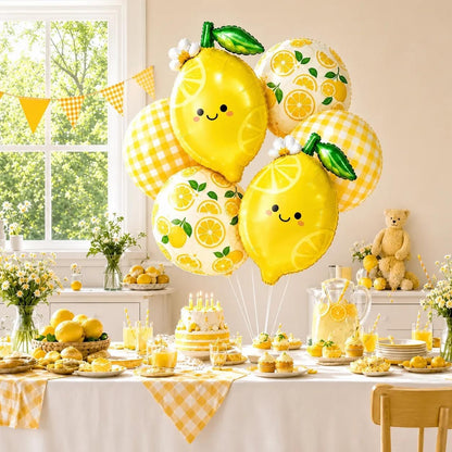 Lemon Balloon Bouquet Set, 6Pcs Unique Yellow Lemon Foil Balloons Kit | Cute Smile Face, Lemon Pattern & Plaid Round Balloons for Summer Her Main Squeeze Bridal Shower Birthday Party Decorations
