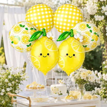 Lemon Balloon Bouquet Set, 6Pcs Unique Yellow Lemon Foil Balloons Kit | Cute Smile Face, Lemon Pattern & Plaid Round Balloons for Summer Her Main Squeeze Bridal Shower Birthday Party Decorations