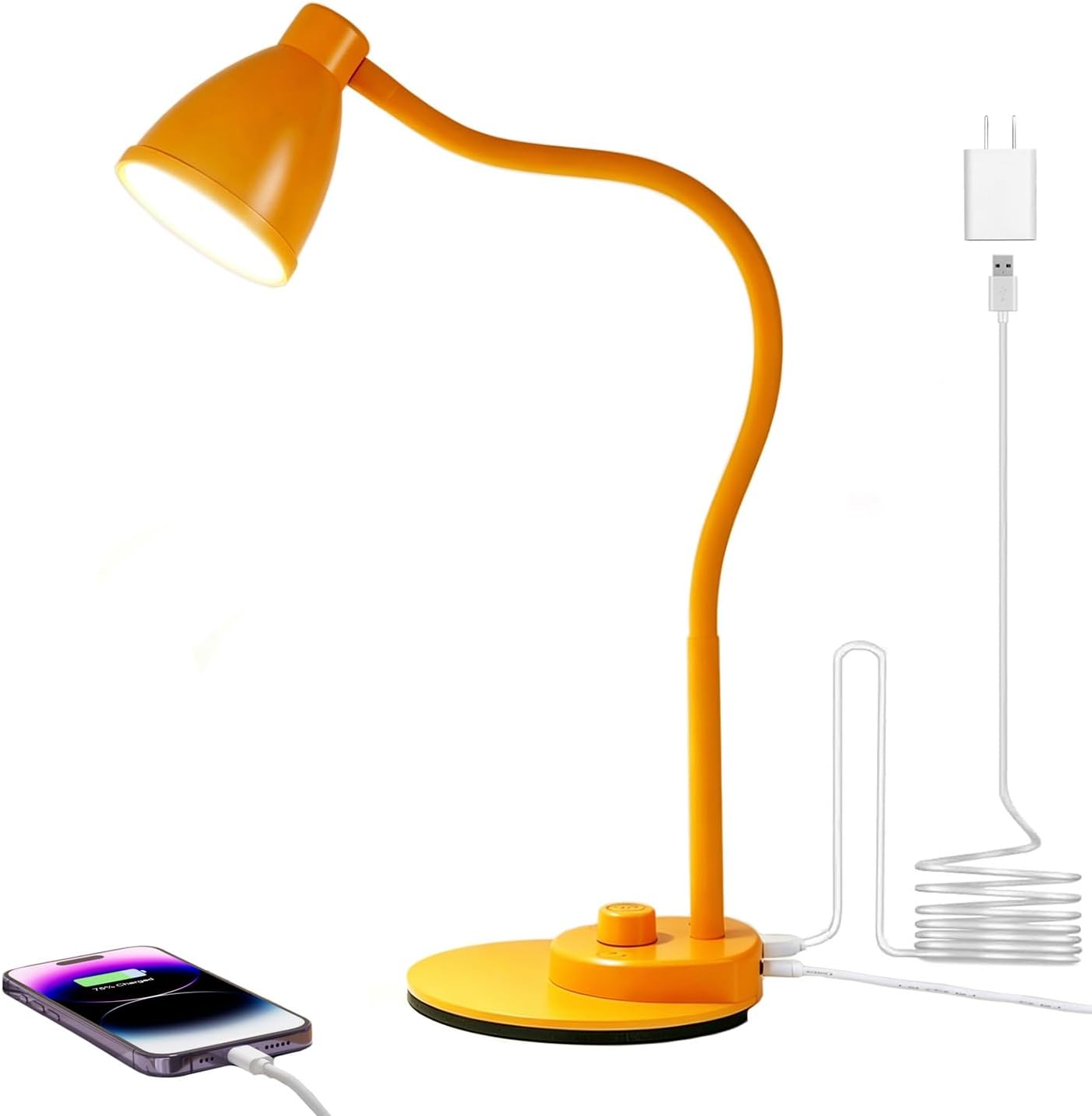 LED Desk Lamp with USB Charging Port 3 Color Modes Fully Dim, Yellow | Reading Lamp, Auto Dimming Task Lamp, Flexible Neck Table Light for Home Office Dorm Bedside, Bright Yellow