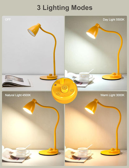 LED Desk Lamp with USB Charging Port 3 Color Modes Fully Dim, Yellow | Reading Lamp, Auto Dimming Task Lamp, Flexible Neck Table Light for Home Office Dorm Bedside, Bright Yellow