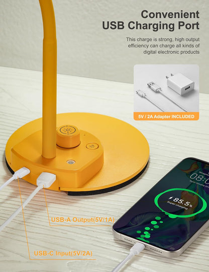 LED Desk Lamp with USB Charging Port 3 Color Modes Fully Dim, Yellow | Reading Lamp, Auto Dimming Task Lamp, Flexible Neck Table Light for Home Office Dorm Bedside, Bright Yellow