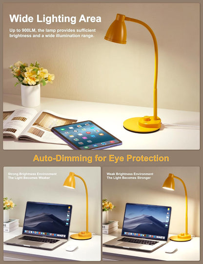 LED Desk Lamp with USB Charging Port 3 Color Modes Fully Dim, Yellow | Reading Lamp, Auto Dimming Task Lamp, Flexible Neck Table Light for Home Office Dorm Bedside, Bright Yellow
