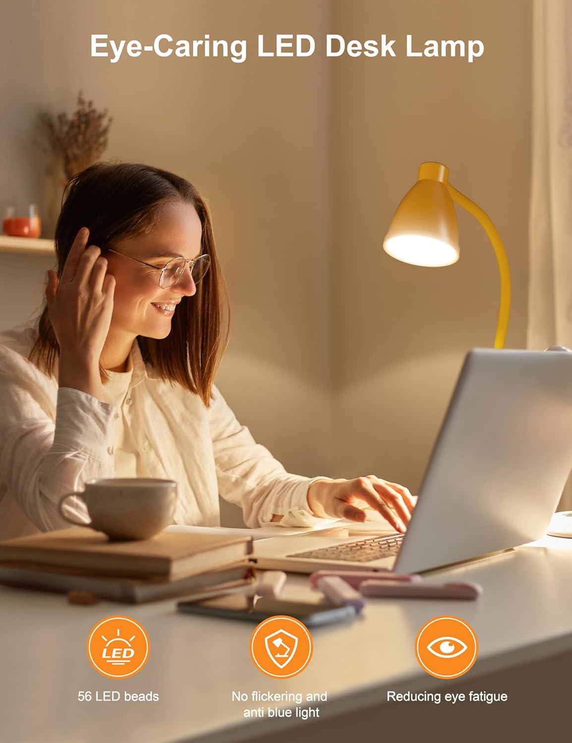 LED Desk Lamp with USB Charging Port 3 Color Modes Fully Dim, Yellow | Reading Lamp, Auto Dimming Task Lamp, Flexible Neck Table Light for Home Office Dorm Bedside, Bright Yellow