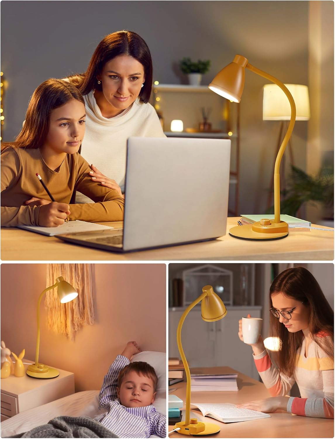 LED Desk Lamp with USB Charging Port 3 Color Modes Fully Dim, Yellow | Reading Lamp, Auto Dimming Task Lamp, Flexible Neck Table Light for Home Office Dorm Bedside, Bright Yellow
