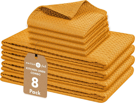 Cotton Kitchen Towel & Dish Cloth 8 Piece Set - Machine Washable, Absorbent & Durable Towels for Cleaning, Cooking, Baking - Ideal for Home, BBQ, Everyday Use - Mustard Yellow