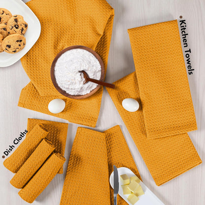 Cotton Kitchen Towel & Dish Cloth 8 Piece Set - Machine Washable, Absorbent & Durable Towels for Cleaning, Cooking, Baking - Ideal for Home, BBQ, Everyday Use - Mustard Yellow