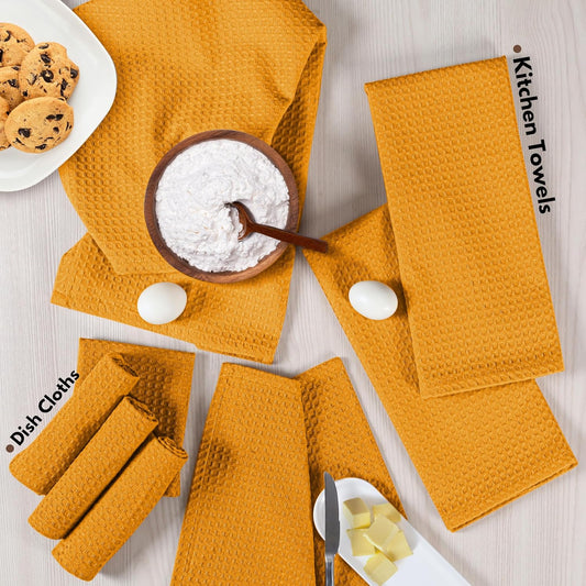 Cotton Kitchen Towel & Dish Cloth 8 Piece Set - Machine Washable, Absorbent & Durable Towels for Cleaning, Cooking, Baking - Ideal for Home, BBQ, Everyday Use - Mustard Yellow