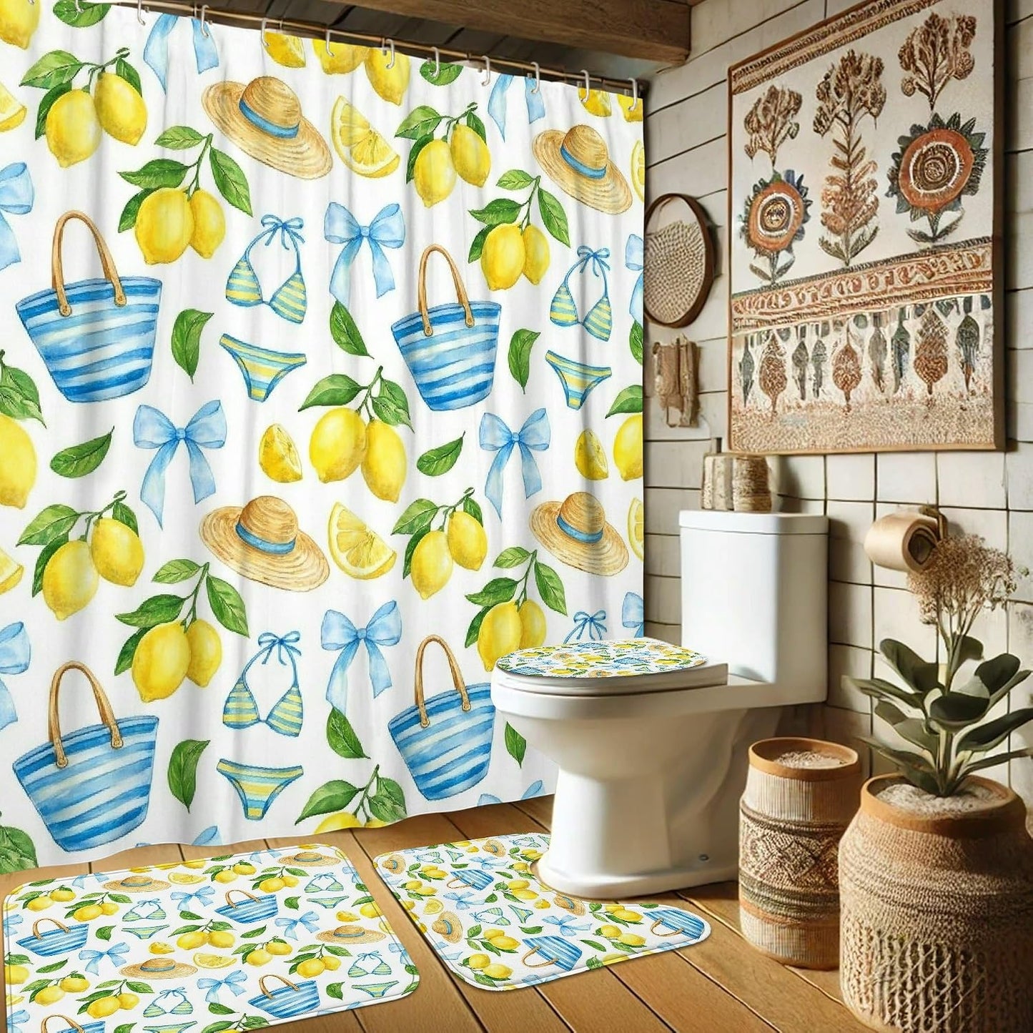 Lemon Shower Curtain Sets, Summer Tropical Hat Bow Summer Yellow Waterproof Fabric Bathroom Shower Curtain and Bath Mat Set for Bathtub Toile Guest Room Decor 72x72 Inch